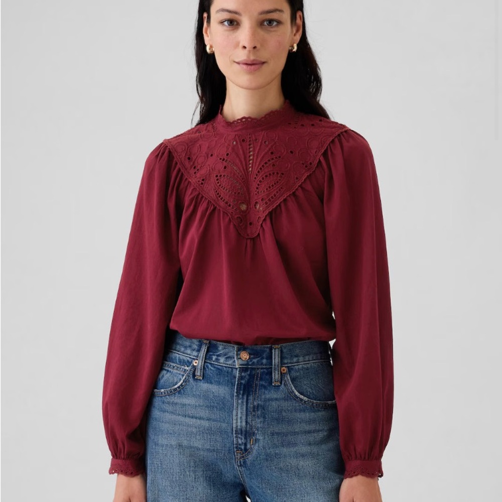 Elegant Burgundy Lace Yoke Blouse